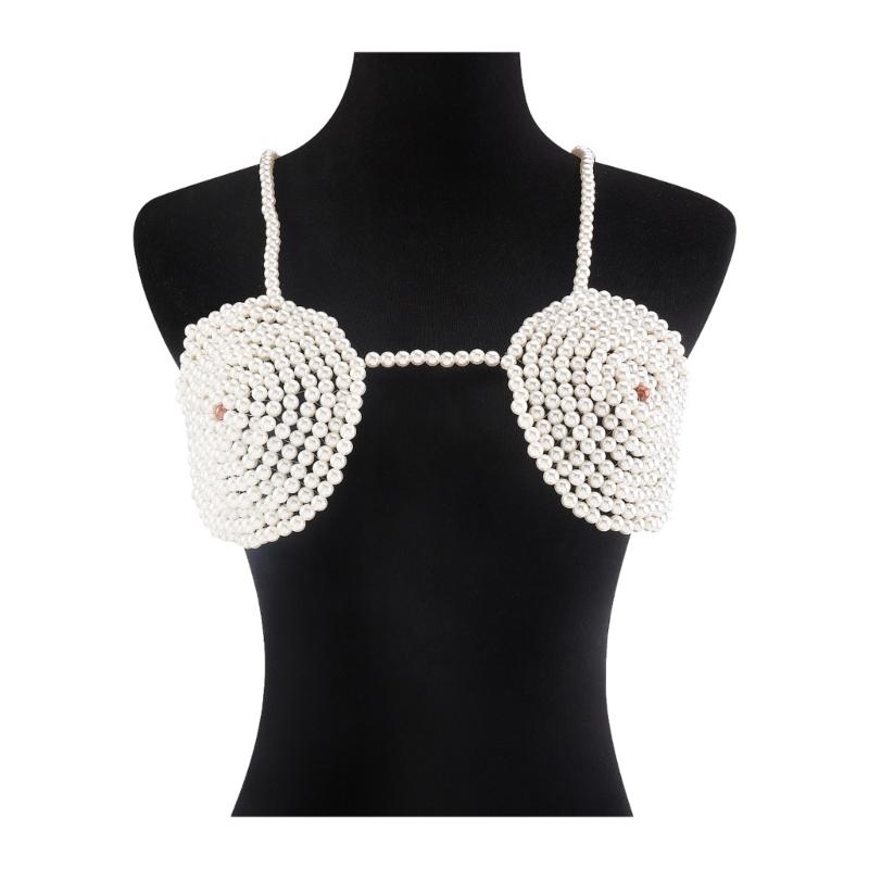 

Boho Backless Body Chain Bra Sexy Pearl Bralette Top Bikini Bra Beach Jewelry Body Accessories for Women and Girls 1