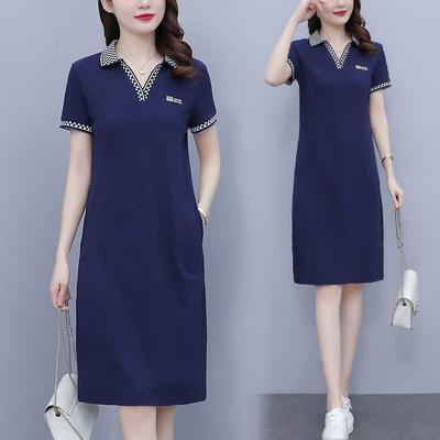 Sommerkleid für Damen, kurzärmeliges Midikleid mit V-Ausschnitt, elegantem Kragen und lockerer Passform