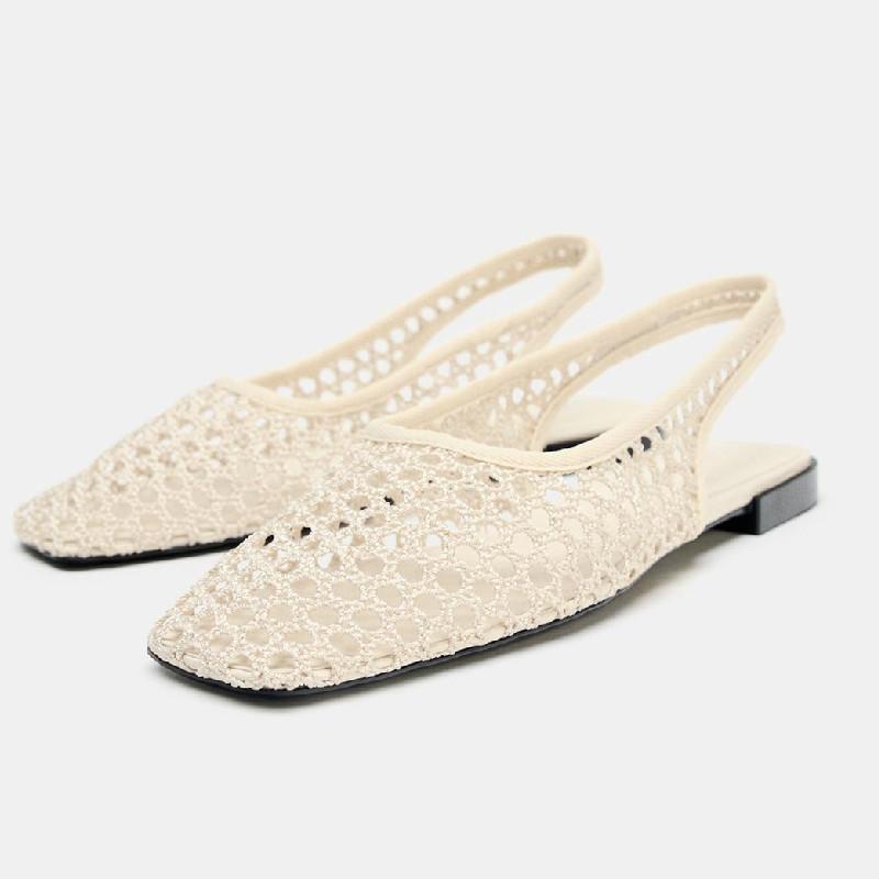 Vävda Sandaler med Platt Sula för Kvinnor Ihåliga Andningsbara Eleganta Ballerinaskor Damer Sexiga Rygglösa Bekväma Mules Vardagssko