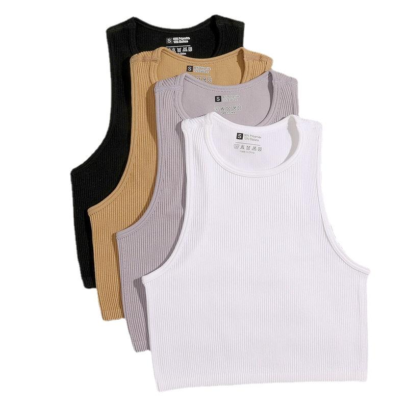 O-Ausschnitt Einfarbiges Crop-Top Damen Einfarbige Basic-T-Shirts Weste Nahtlos Streetwear Elastisches Gestrick Ärmellos Lässige Tanktops Damen