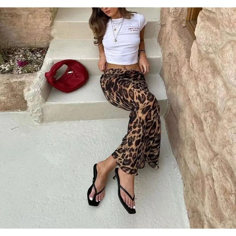 Spring New Fashion Retro Style Sexy Hip-Wrapped Animal Print Stretch Satin Silm Fishtail Skirt