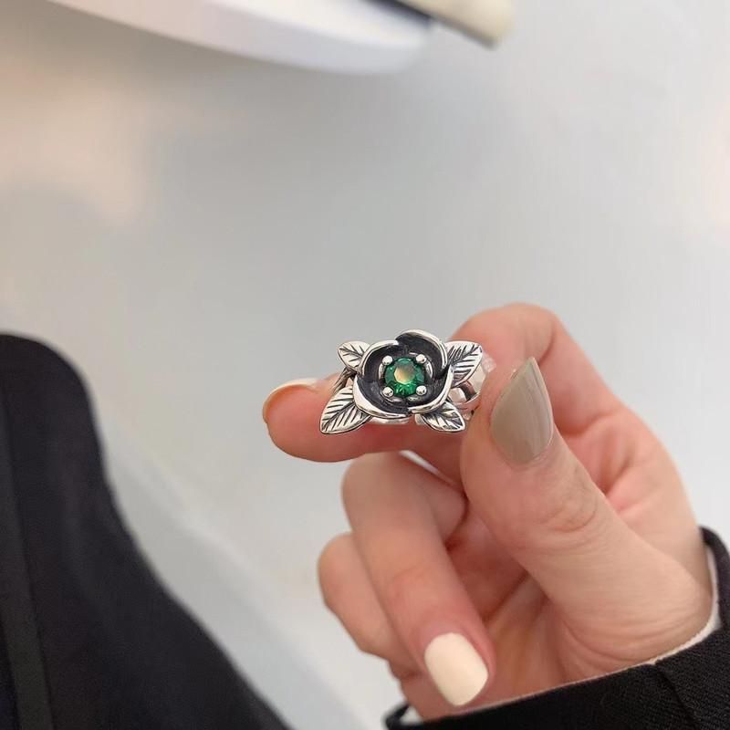 

Vintage Trendy Green Zircon Rose Blossom Ring For Fashionable Accessories Ladies