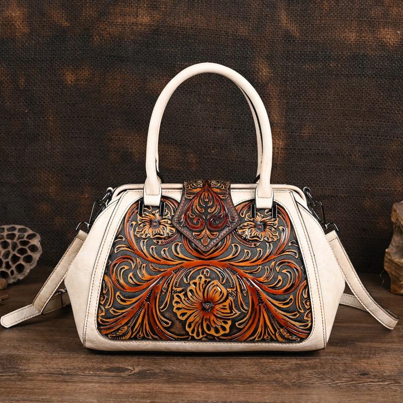 Johnature Retro embosovaná dámská kožená taška Luxusní kabelka Univerzální dámské kabelky přes rameno a crossbody