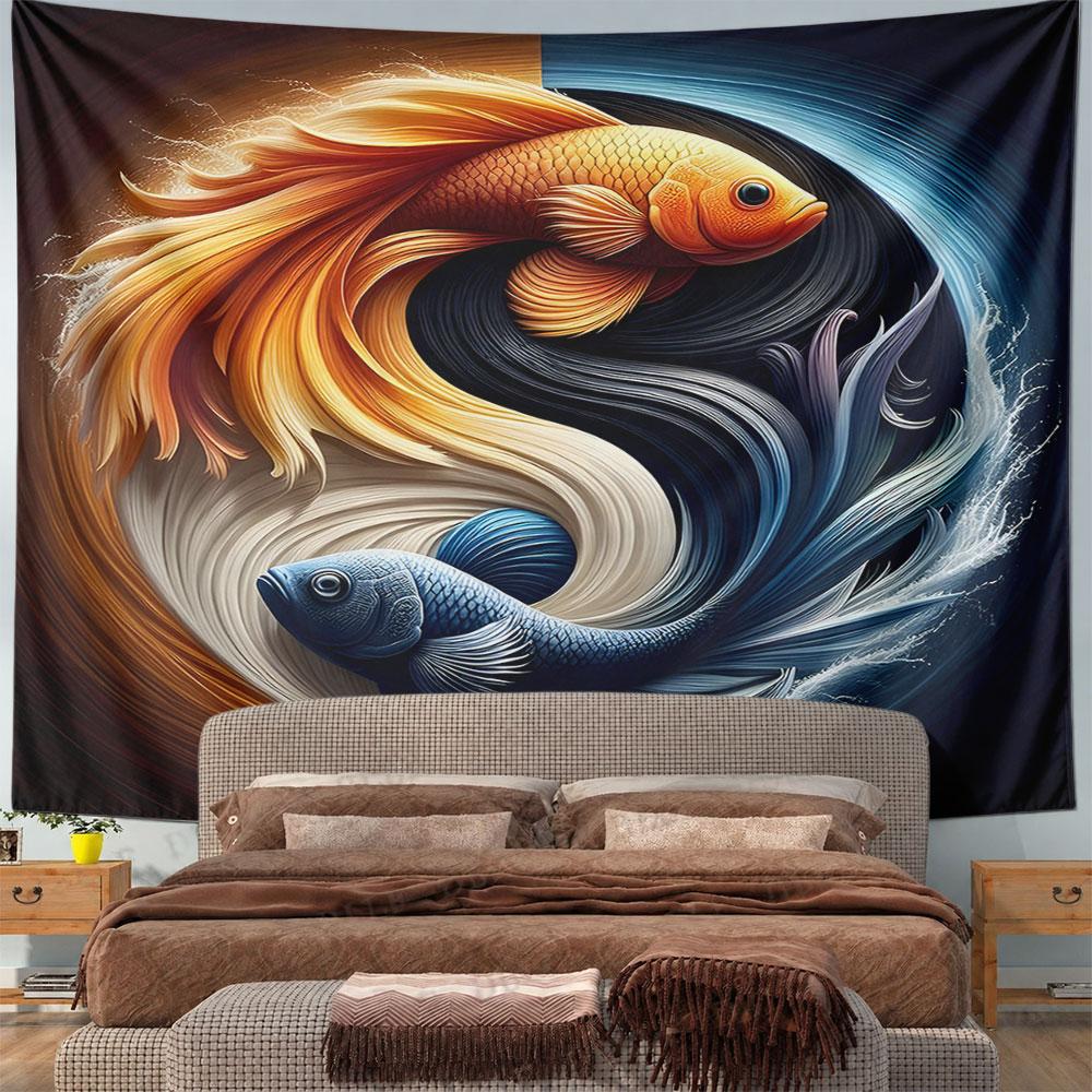 Yin Yang Koi Fish Art with Vibrant Colors Pattern Wall Hanging Tapestry Decorative Tapestry Home Decor for Bedroom and Living Room