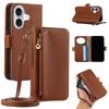Applicable to iPhone16 lychee pattern leather case 15plus zipper wallet card insert mirror diagonal span protective case 14Pro