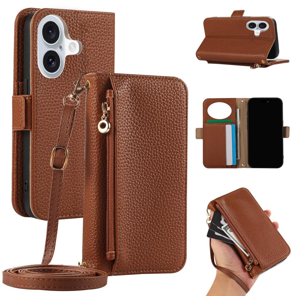 Applicable to iPhone16 lychee pattern leather case 15plus zipper wallet card insert mirror diagonal span protective case 14Pro