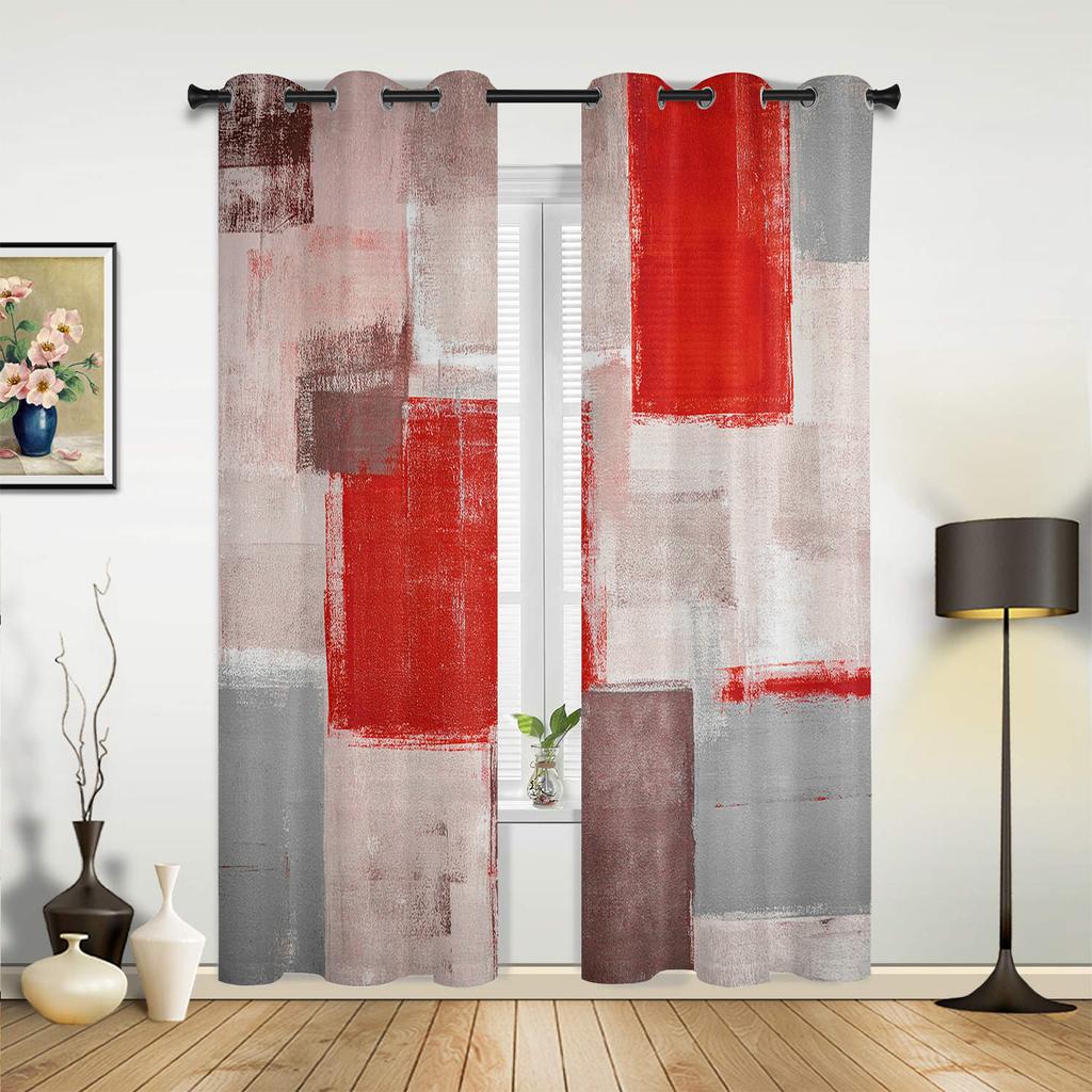 Red Grey White Oil Painting Abstract Geometric Curtains Bedroom Living Room Drapes Kitchen Window Curtain Home Decor Polyester Washable Sitting Ready