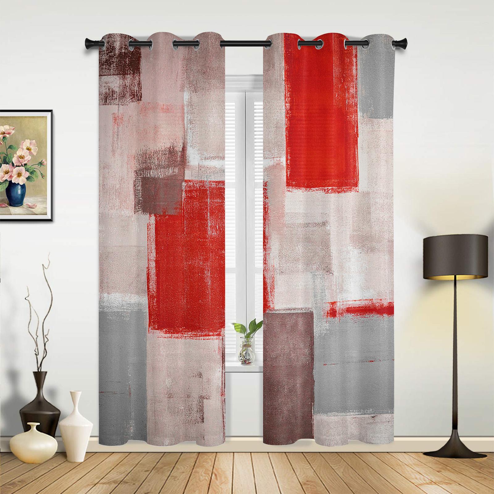 Rot Grau Weiß Ölgemälde Abstrakt Geometrisch Vorhänge für Schlafzimmer Wohnzimmer Vorhänge Küchenfenstervorhang Heimdekor 135W x 60H(cm) x1