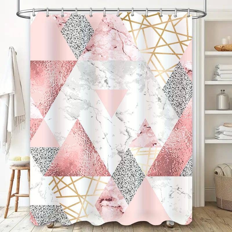 Modern Geometric Triangle Marble Shower Curtain for Bathroom Decor Home Accessories Waterproof Bath Rug Set in Pink White Black