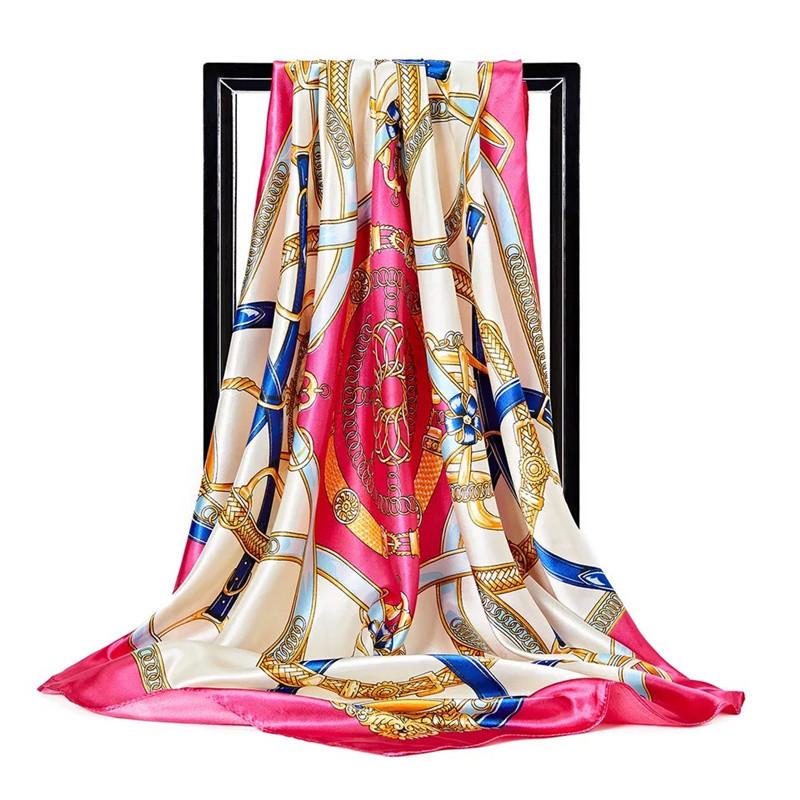 Scarves 90*90Cm Women Print Twil Hair Neck Square Silk Scarf Office Lady Shawl Bandana 90X90Cm Muslim Hijab Handkerchief Korean