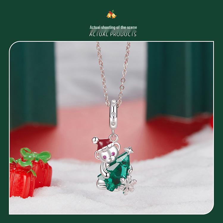 Yinziyun Weihnachtsbär Halskette für Damen, Leichter Luxus s925 Sterlingsilber Glücksbringer Schlüsselbeinkette