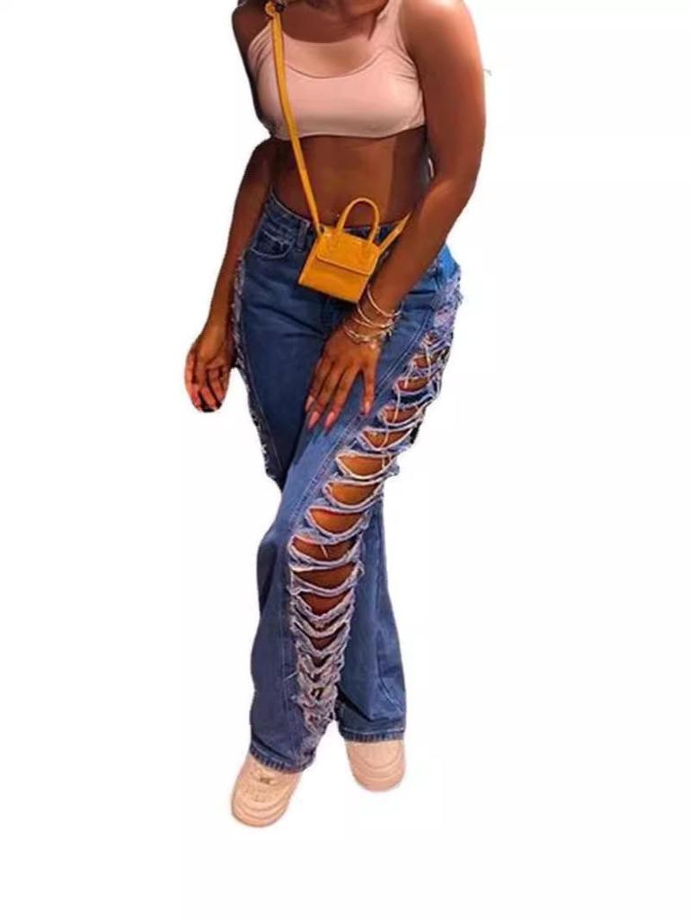 Distressed Sexy Hot Girl Street Trendsetter Slim Ripped Washed Denim Pants for Women