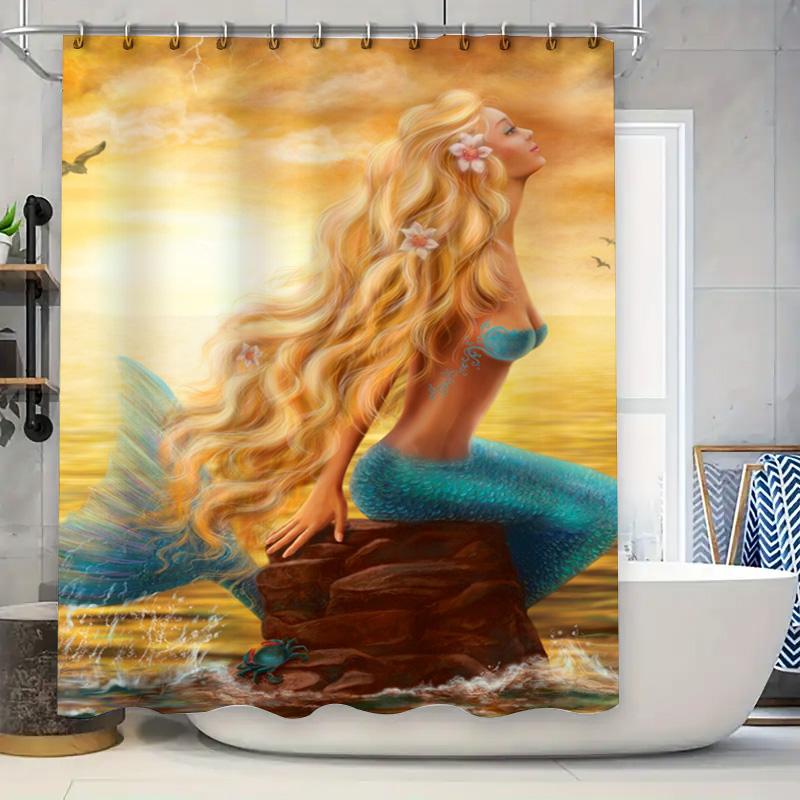 

Underwater Dream Mermaid Shower Curtain Blue Tail With Flowers High Definition Print For Bathroom Decor W60H190(CM)-1 Pcs