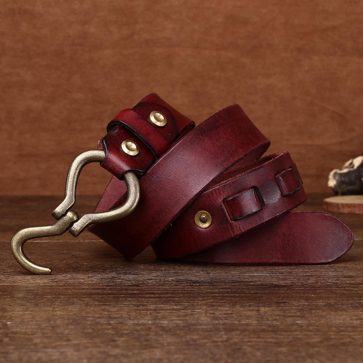 

Кожаный ремень из утолщенной растительной дубленой коровьей кожи, мужской кожаный ремень с крючком в стиле ретро из меди, модный мужской ремень для брюк 125cm