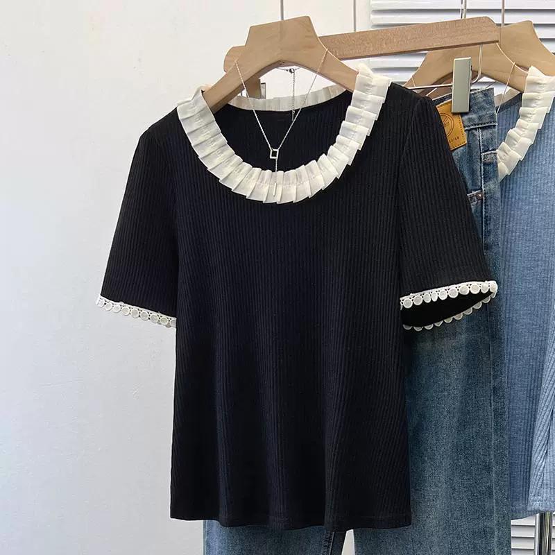 Dam sommar temperament elegant volangkrage axel kortärmad t-shirt bekväm spetskant bas skjorta