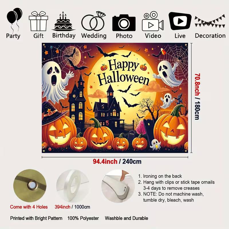 2D Spooky Halloween Backdrop with Full Moon, Ghosts and Pumpkins Party Decoration Background