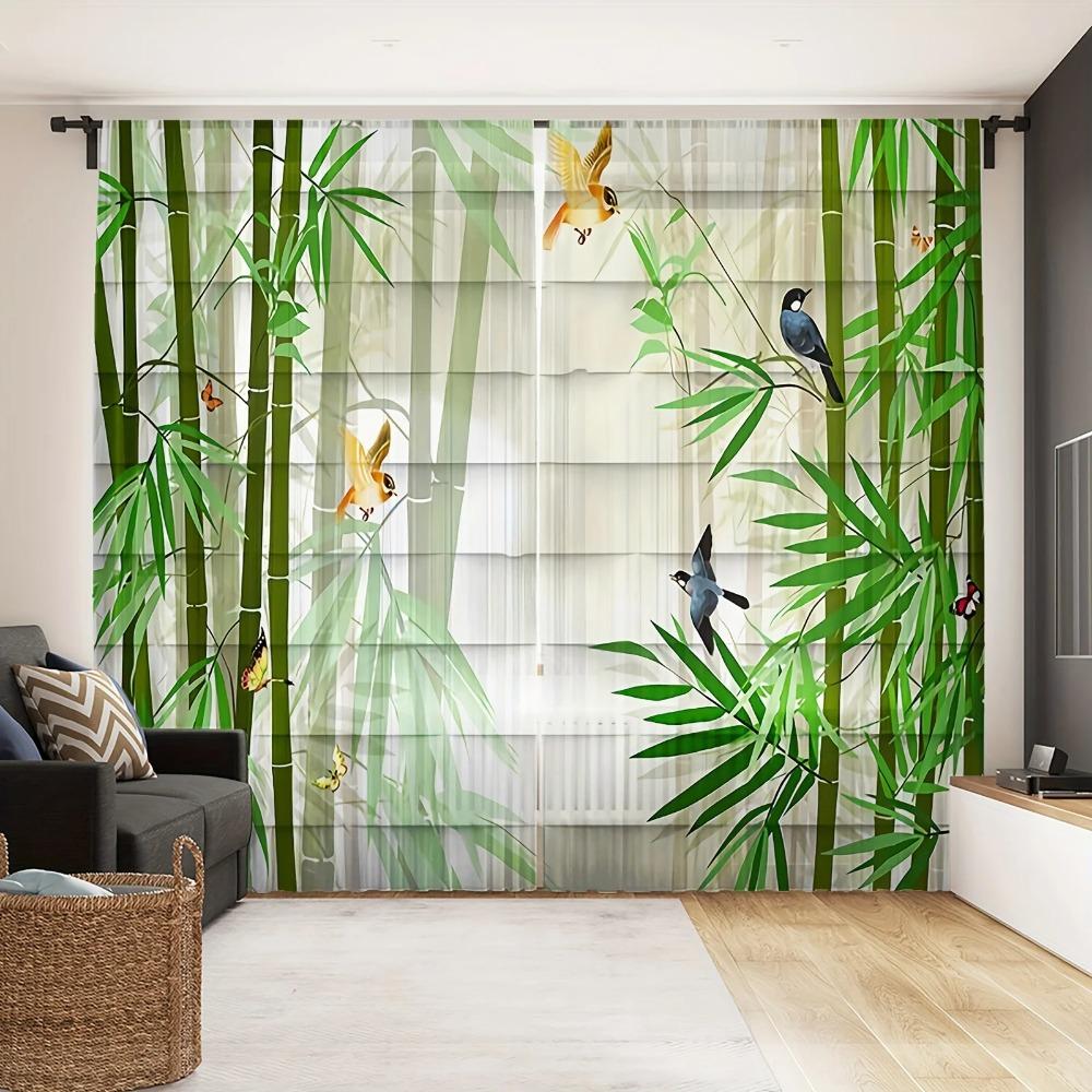 Semi 2pcs Transparent Decor Curtain Green Eucalyptus Leaves Green Plants Spring Polyester Fibers Rod Pocket Curtain For BedroomR Decor