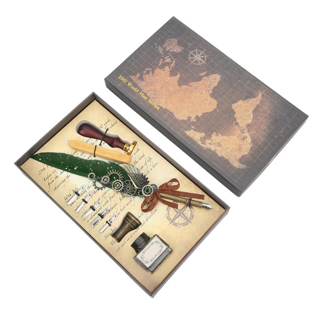 Retro Pen Set Vintage Map Pattern Quill Pen Set with 5 Replacement Nibs Pen Stand Base Ink Empty Bottle for Writing