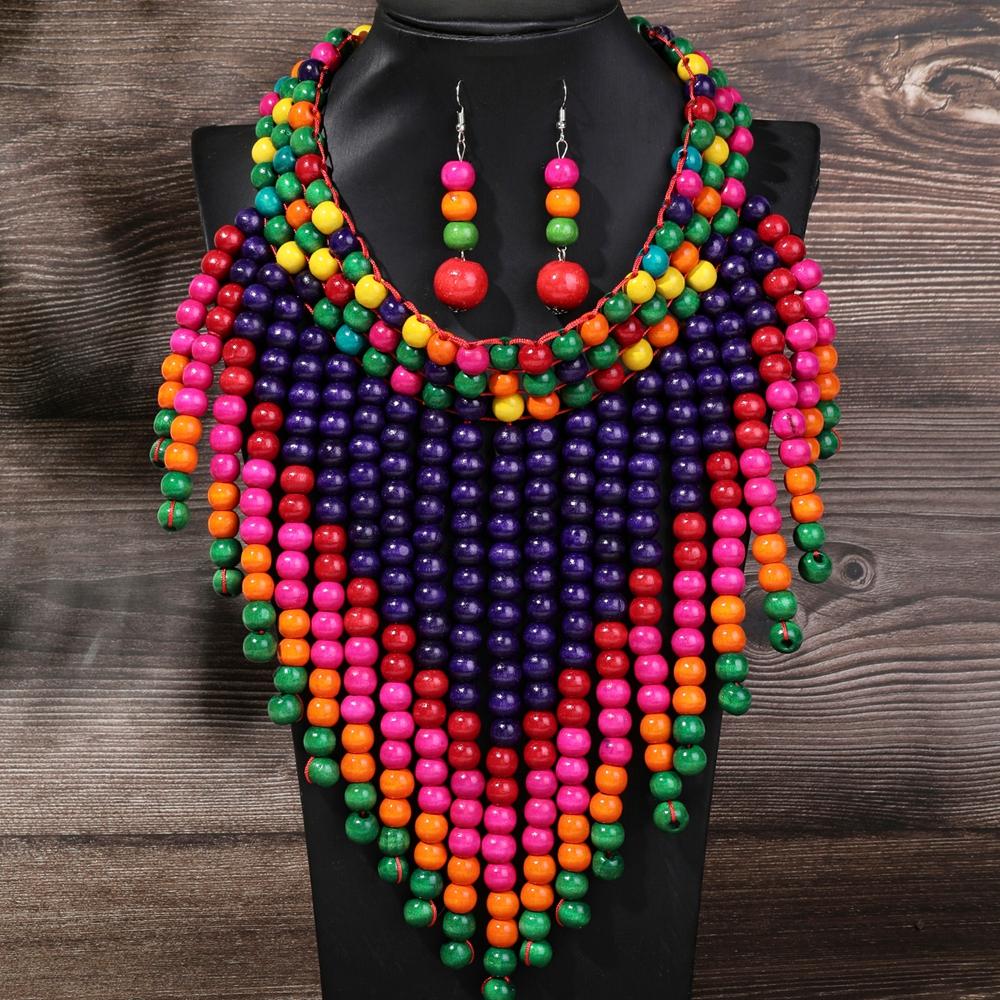 Ensemble de Bijoux Statement Bohème Rétro Ethnique Fait Main Collier Ras-de-cou Tressé en Perles de Bois et Boucles d'Oreilles Accessoires Quotidien pour Femmes