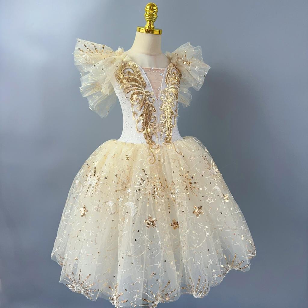 Tutu da Balletto Romantico per Bambina Gonna da Danza Gonna da Balletto con Paillettes Dorate Abbigliamento per Esibizioni di Balletto Abito Lungo da Principessa