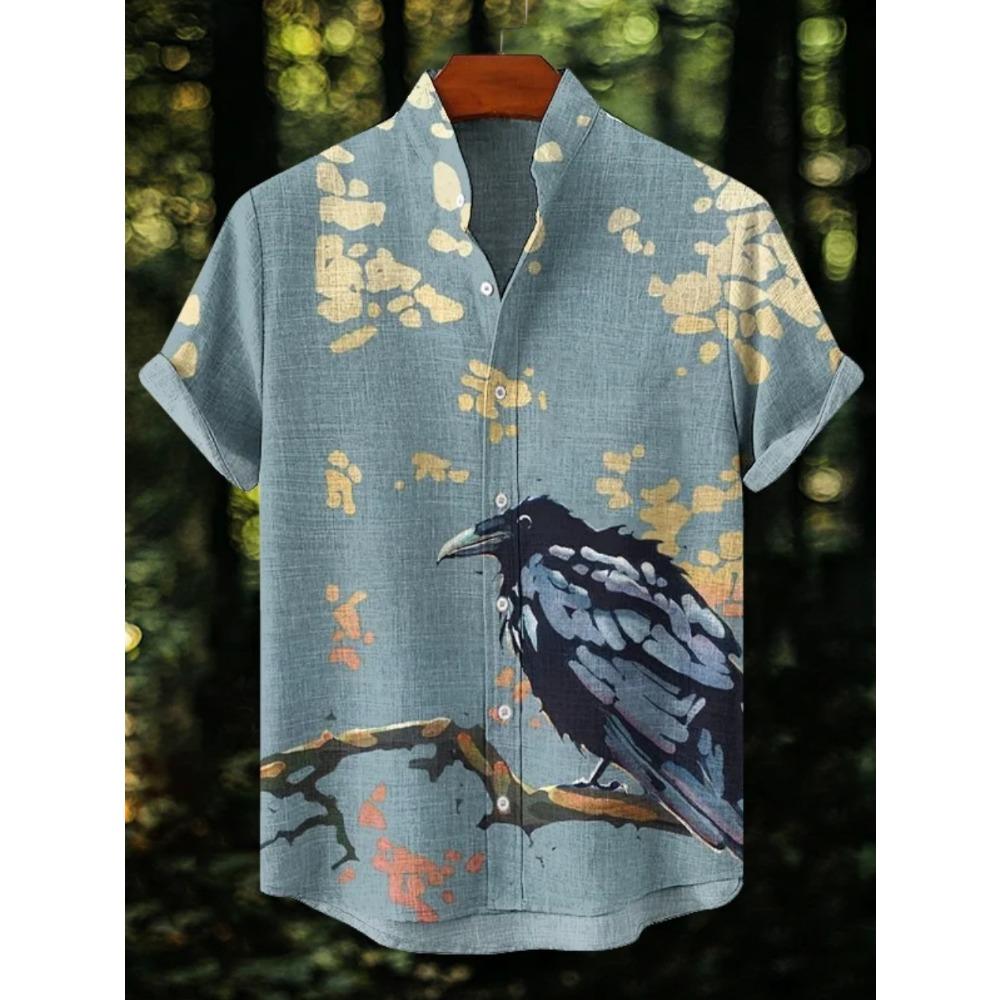 Men's Japanese Retro Art Black Cat Print Shirt Short Sleeve Stand Up Collar Single Breasted Casual Linen Top for Vacation