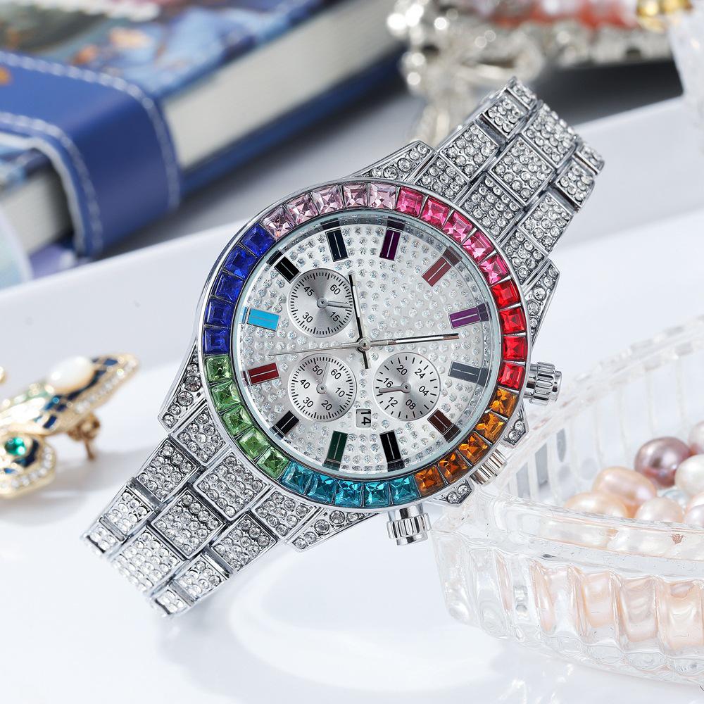 New Fashion Steel Band Watch with Colorful Rhinestone Markers and Quartz Calendar