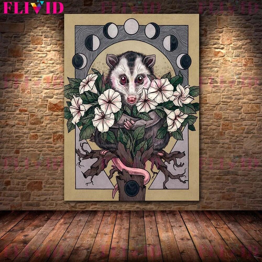 Skeletons,Flowers & Mysterious Animals Vintage Wall Art Canvas Painting Bat Opossum,Astrology Moon Stars Planets Poster Print No Frame