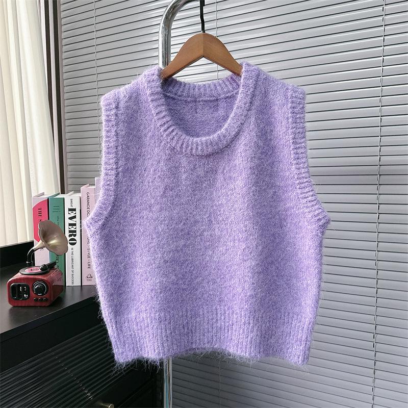

Женский весенний 2025 года мягкий вязаный многослойный жилет – Нежный стиль, круглый вырез, свитер без рукавов One Size фиолетовый
