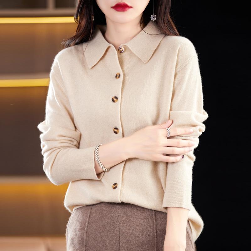 Women's POLO Neck Sweaters Fashion Cardigans Casual Solid Color Print Autumn Winter Long Sleeve