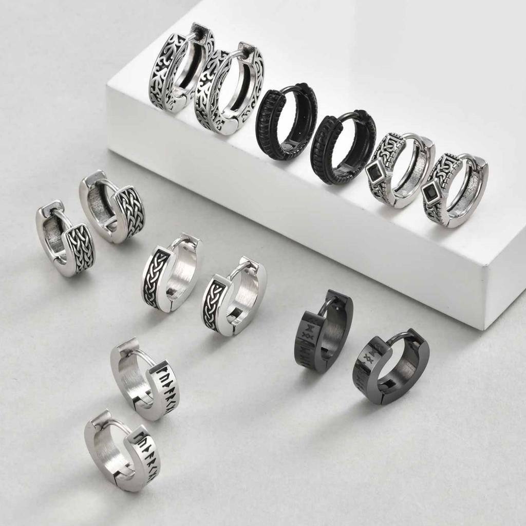 Pendientes de Aro Runas Vikingas Nórdicas Retrol para Hombres, Huggies Clásicos de Acero Inoxidable con Nudo Celta, Regalos de Joyería Punk Cool