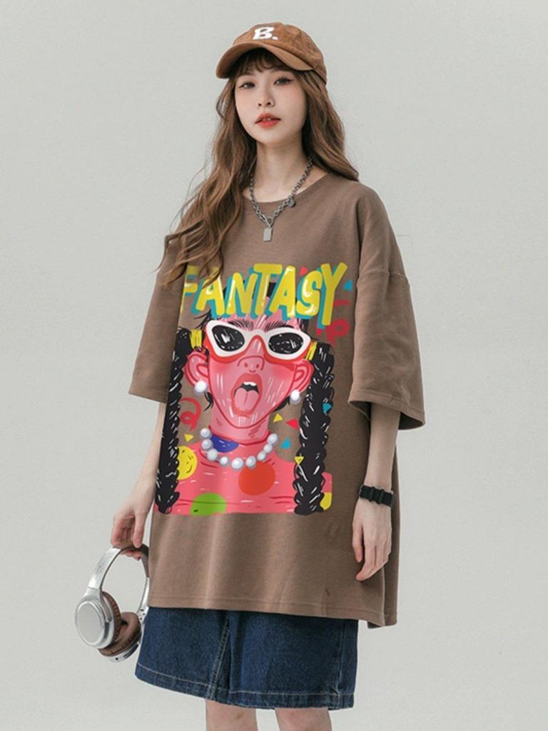 Unisex Retro Graffiti Print Loose-fit Cotton T-shirt - Plus Size Available