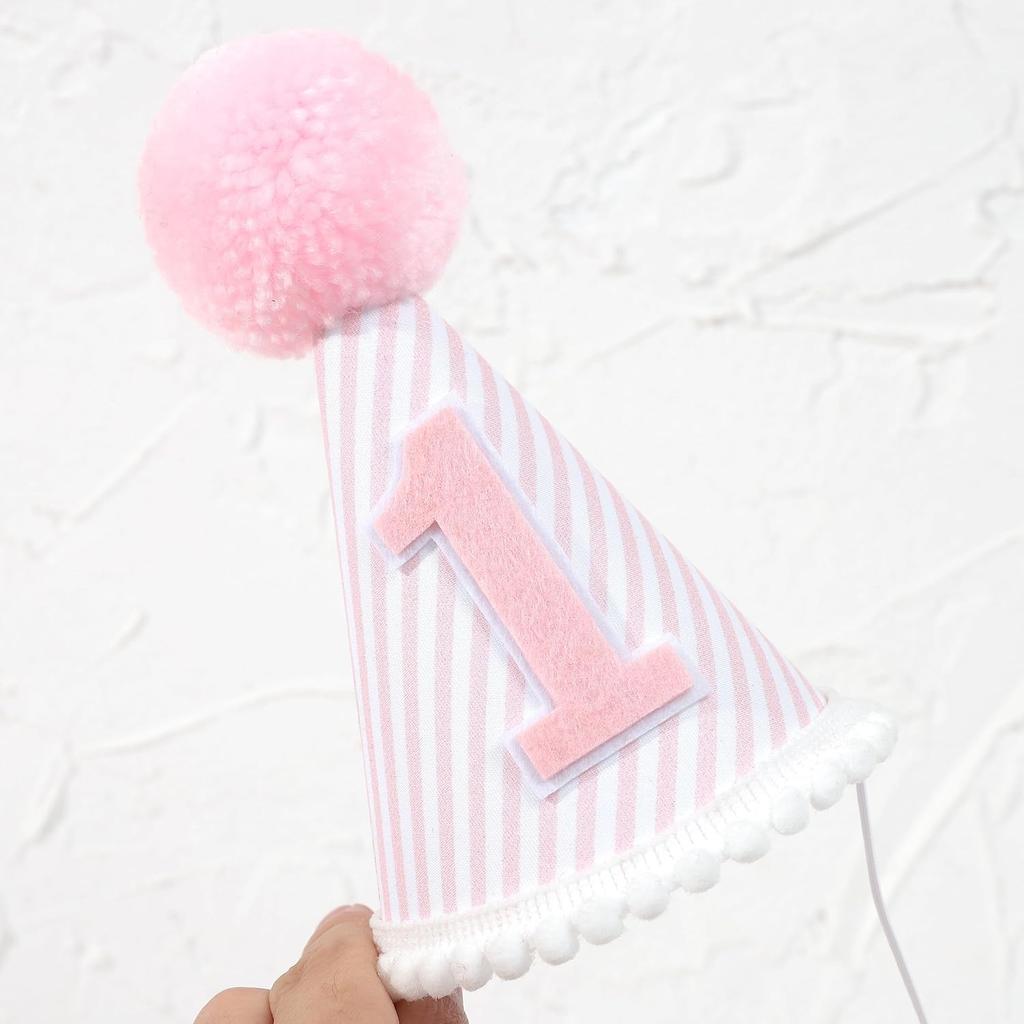 Pink & White First Birthday Party Hat - Girl's 1st Birthday Crown with Photo Props for Decorations and Dressing