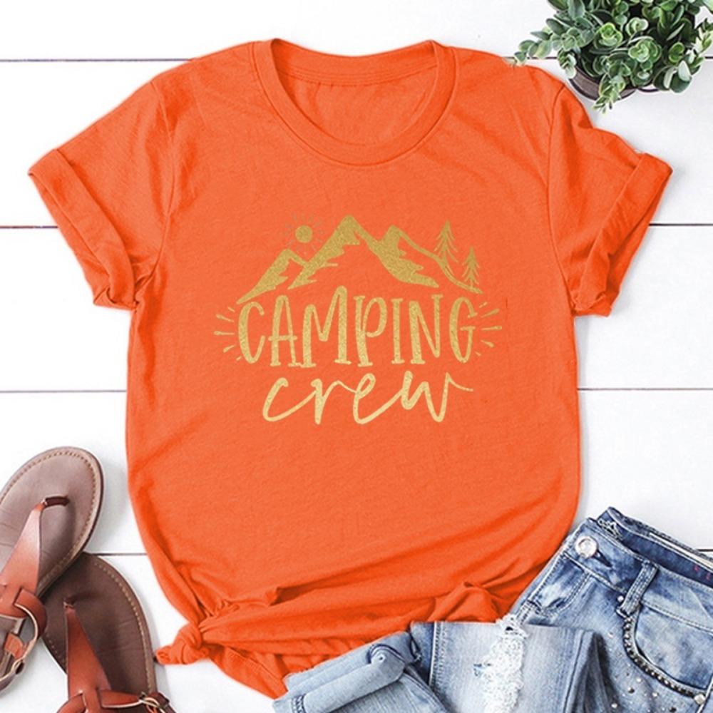 Funny Camping Crew Print T-shirt Summer Camper T-shirt Women Men Short-sleeved Loose