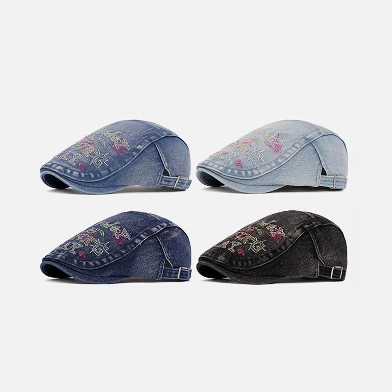 Summer Embroidery Cap Women Vintage Letter Denim Forward Cap Men Beret