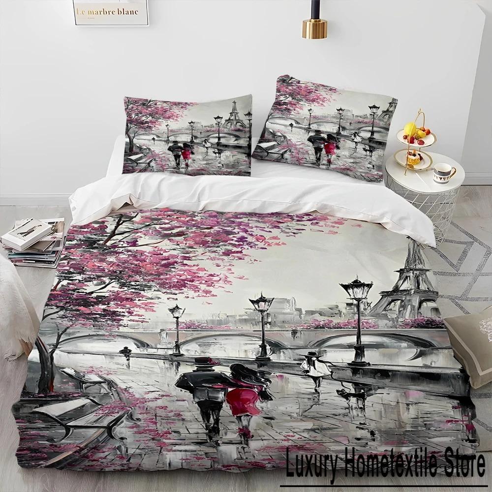 France Paris Eiffel Tower Romantic Comforter Bedding CollectionDuvet Cover Bed Collection Quilt Cover PillowcaseKing Queen Size Bedding Collection