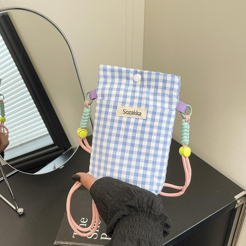 Mobile phone bag summer plaid small bag women's new popular vertical girl canvas crossbody small cloth bag