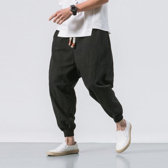 Summer Men Harem Pants Loose Ankle Length Pockets Pure Color Plus Size Japanese Style Deep Crotch Casual Daily Wear Long Trousers