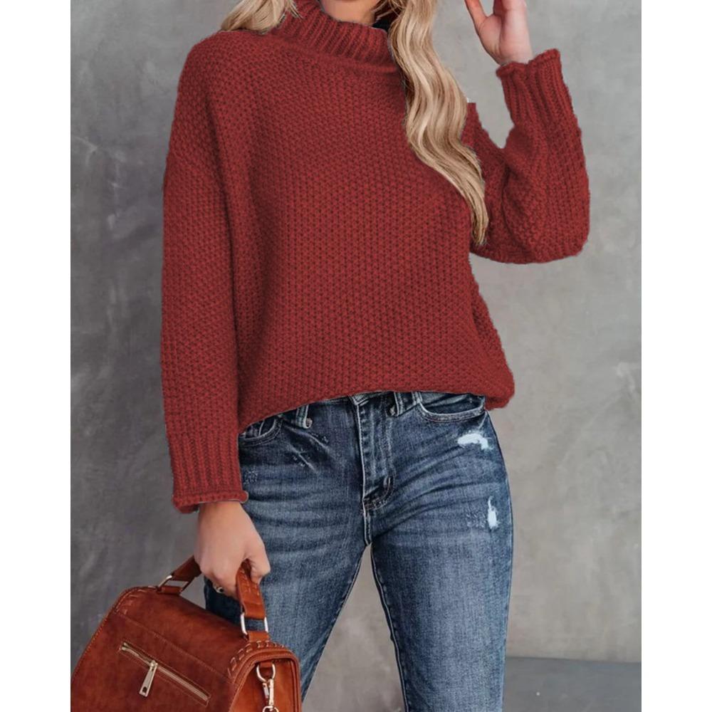 New Autumn and Winter Knitted Sweater, Solid Color High-neck Casual Loose Sweater Pullover