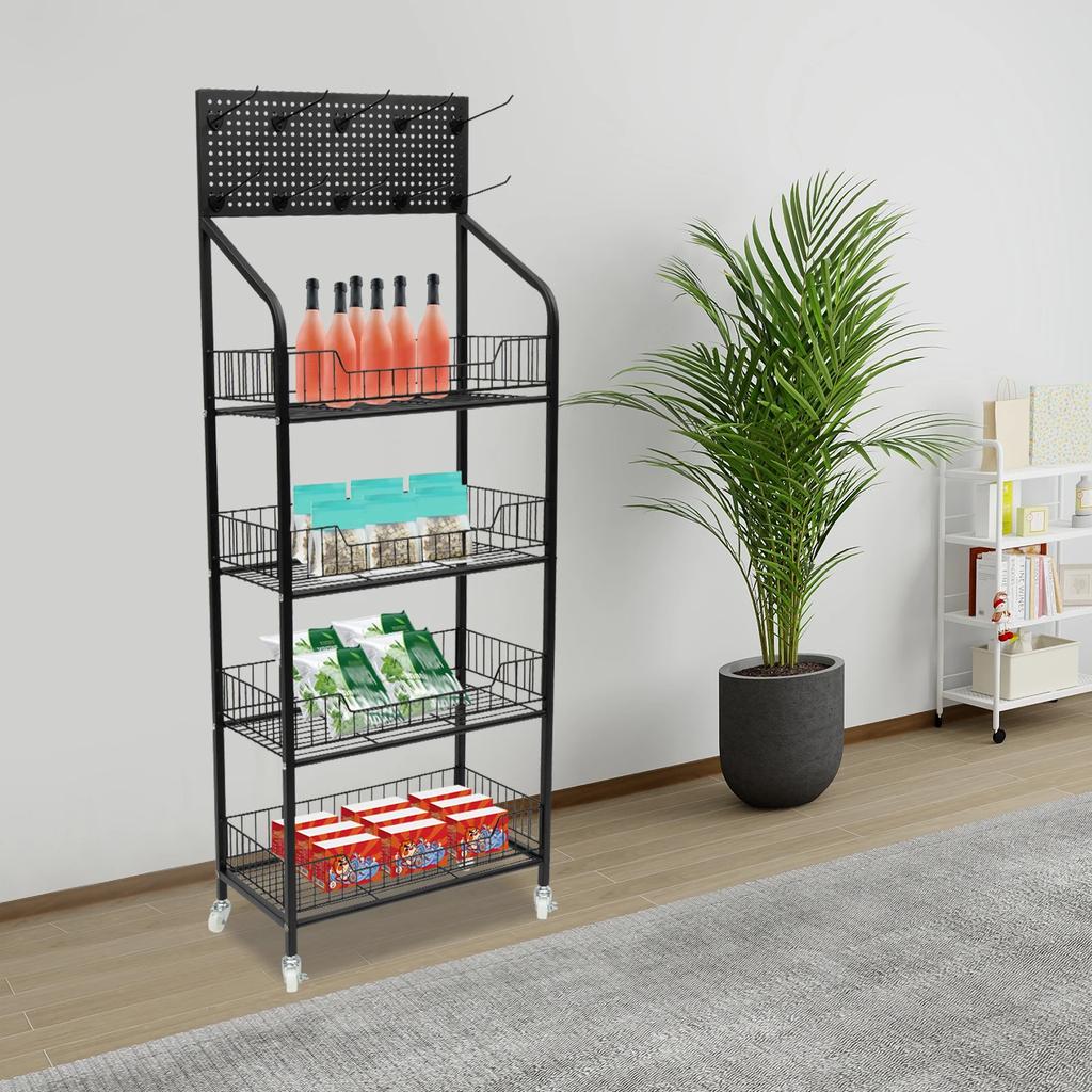 4 Tier Metal Wire Storage Shelf Display Rack with Wheels Black Stand Supermarket Retail Display Rack for Snacks Fruits Tools