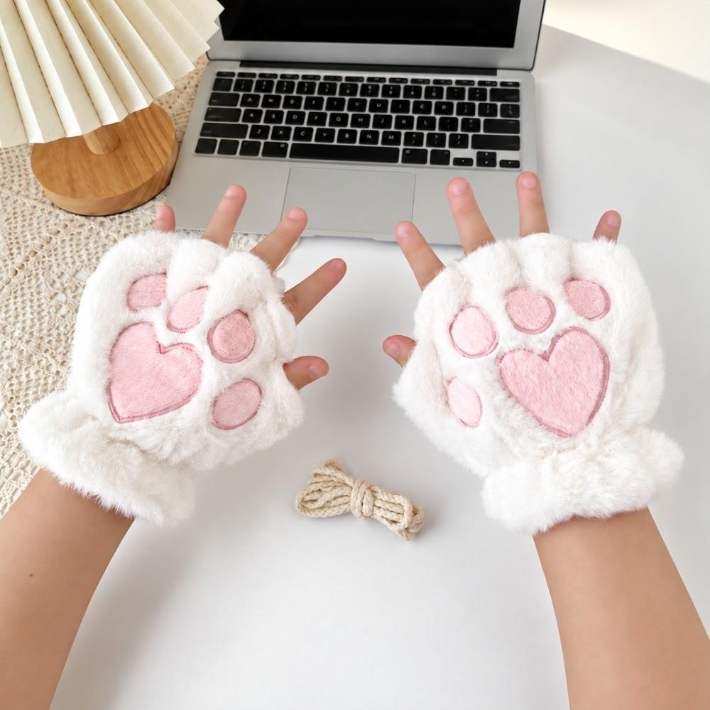 Polyester Fuzzy Half Finger Gloves Thick Plush Bear Paw Gloves Fuzzy Warm Winter Gloves  Writing