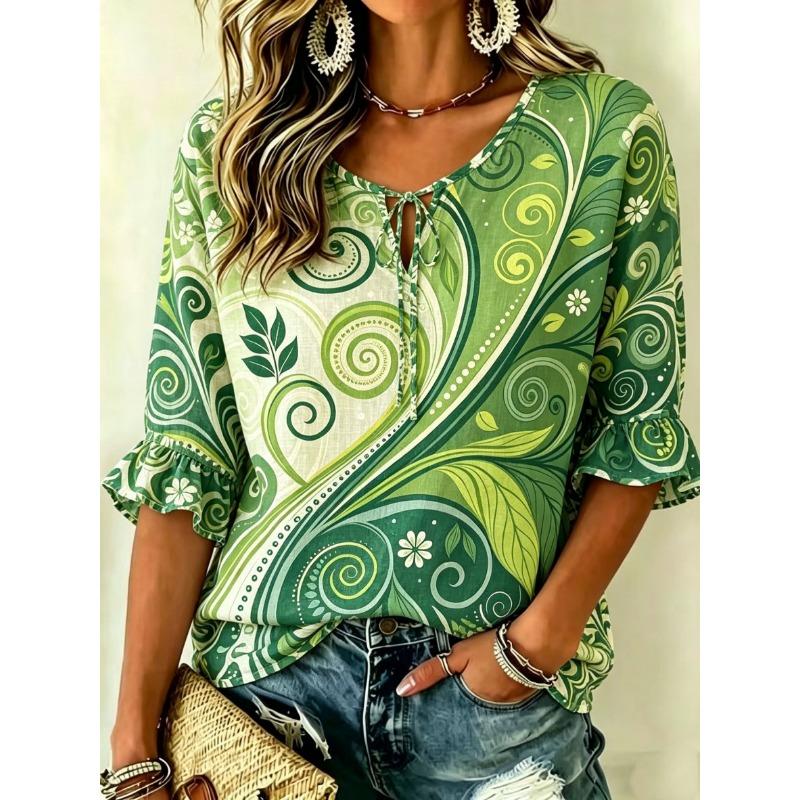Women's Ditsy Daisy Floral Print Tie Neck Blouse, Ruffle Half Sleeve Light Casual Top for Sweet
