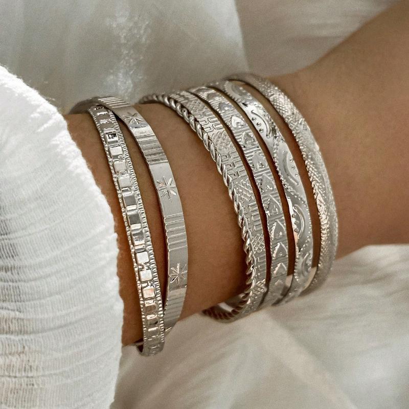 7pcs/Set European and American Style Bangle Set with Hammered, Arrow, Floral, Exaggerated Hexagram Design, Twist Open Bracelets Jewelry Gifts
