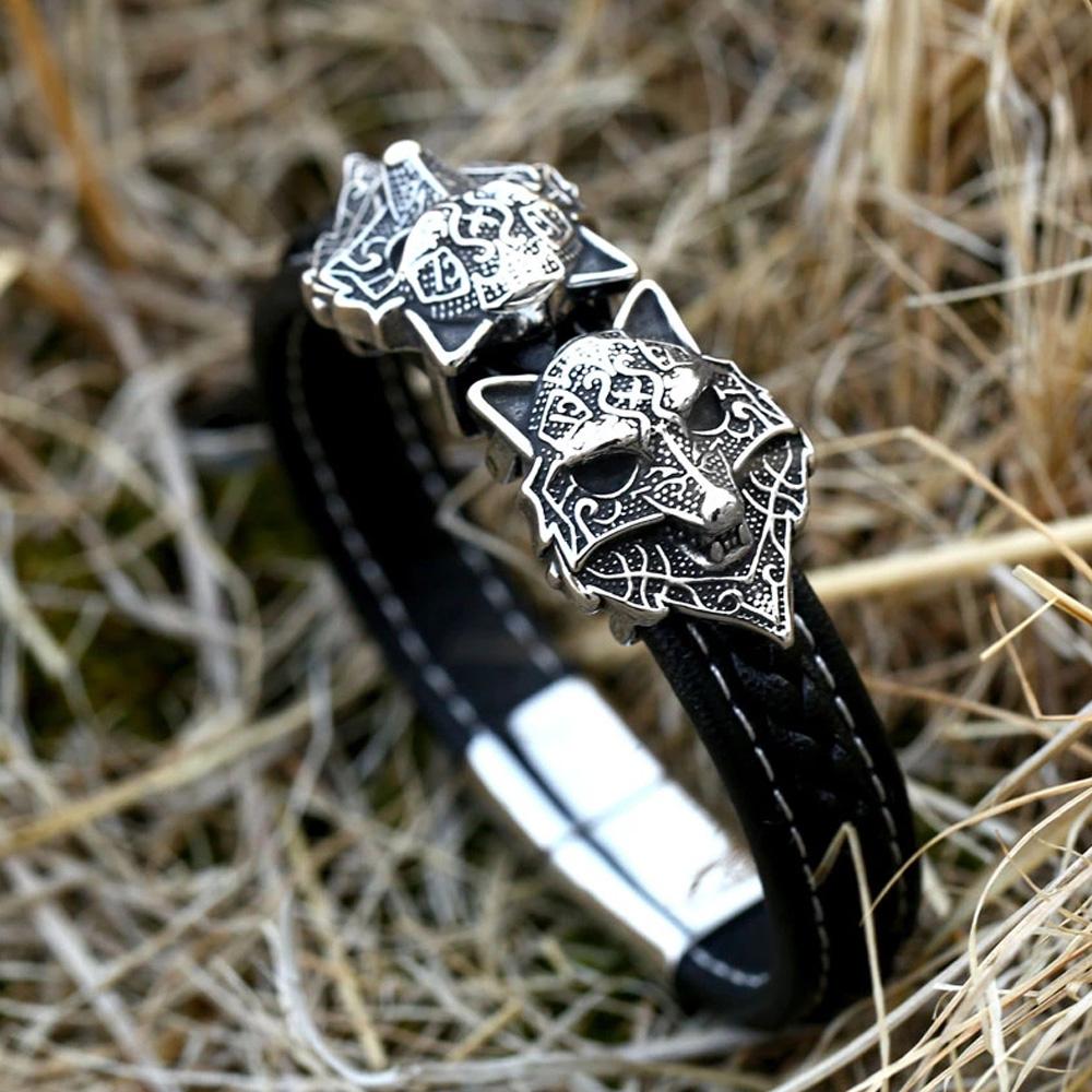 

Vintage 316L Stainless Steel Viking Wolf Head Bracelet for Men Punk Biker High Quality Leather Bracelet Viking Jewelry Gift 18cm