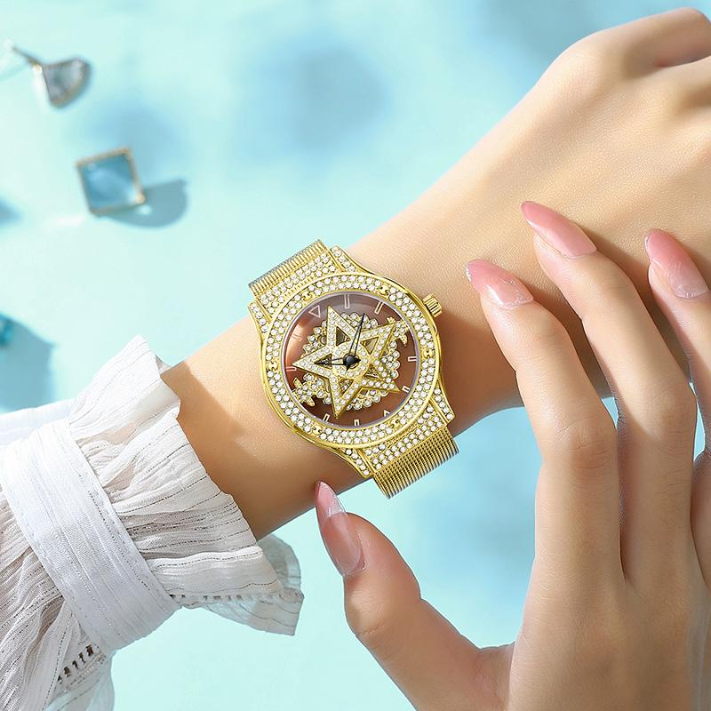 FOXBOX Women's Watches Fashionable Large Dial Pentagram Waterproof Watch For Girls Snowflake Rotating Hollow Women's Watch