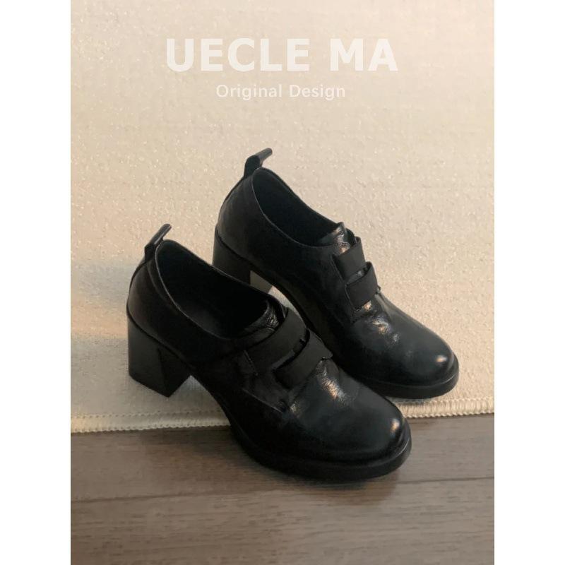 Cowhide version~ High-heeled platform loafers for women's commuting versatile thick-heeled single shoes with one pedal to increase the height of retro