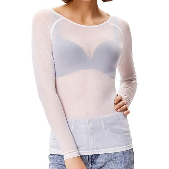 Women Tops Round Neck Long Sleeve Slim Fit Sheer Mesh Design Bottom Tops Sexy Casual Bottom Tops Vacations Parties Daily Wear