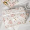 Elegant White Lace Makeup Bag, Quilted Bridal Cosmetic Pouch with Floral Embroidery Bow, Women's Travel Toiletry Gift Cosmetic