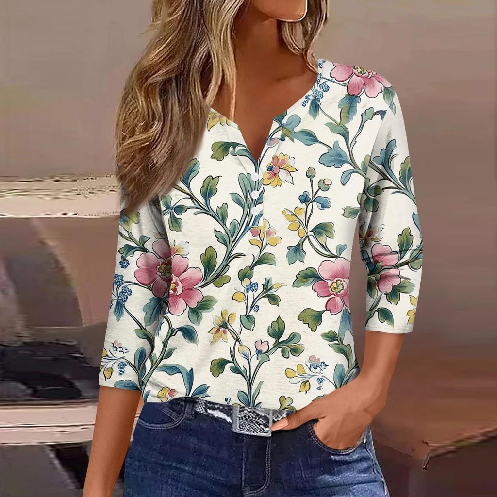 Women's Loose Casual Flower Print Seven Quarter Sleeved V-Neck Top Seven Quarter Sleeved V-Neck Top