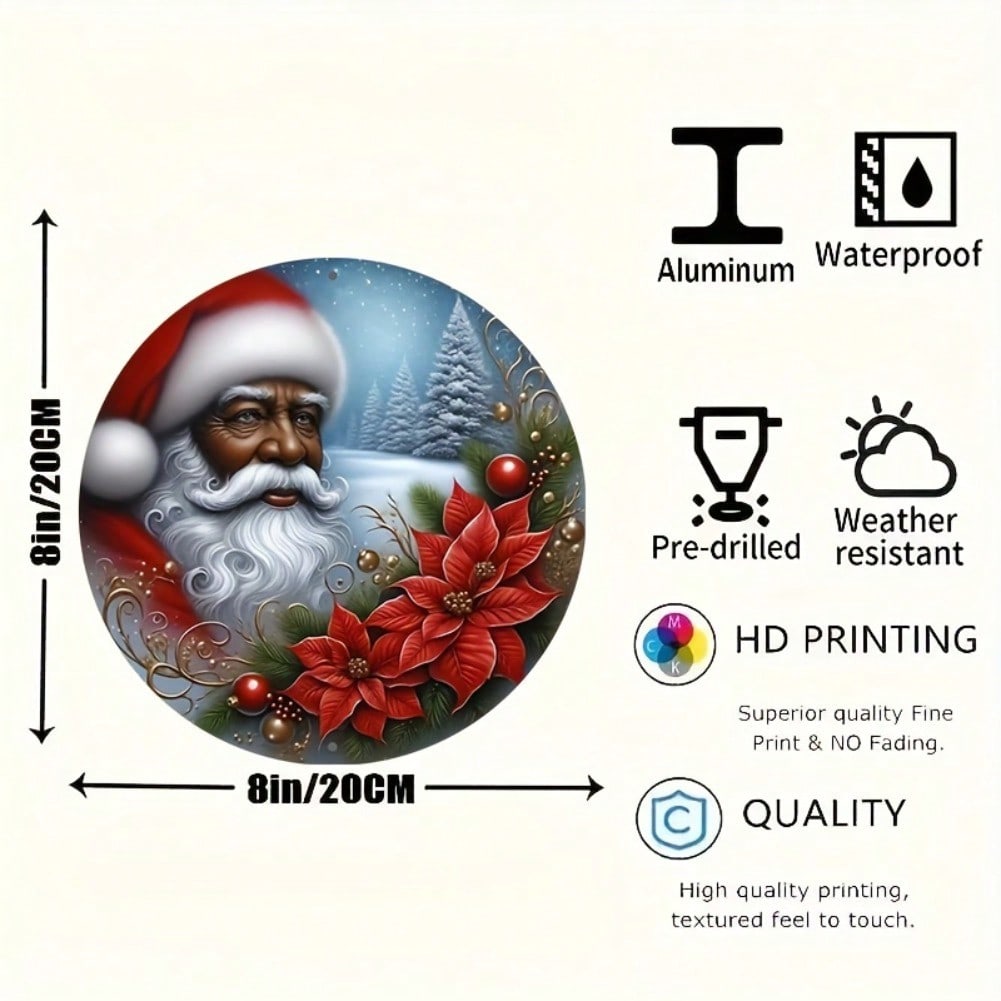 Black Santa Claus Wreath Metal Sign Round 8x8 Inch Aluminum Art for Christmas Halloween Wall Decor 20x20