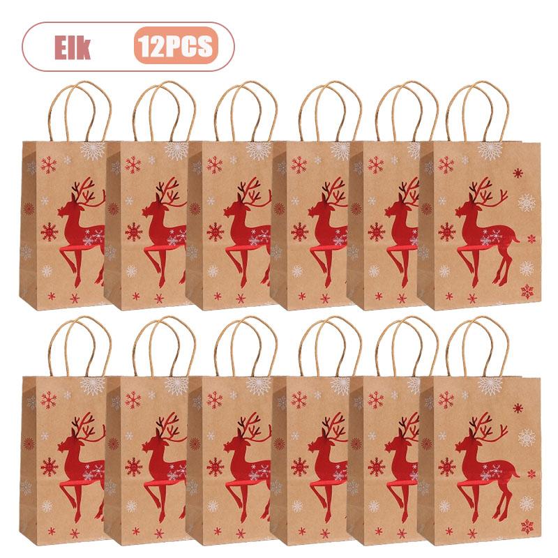 Christmas Kraft Paper Gift Bag Foil Stamped Reindeer Snowflake Tree Design Handheld Holiday Wrapping Bag for Party Gift Giving